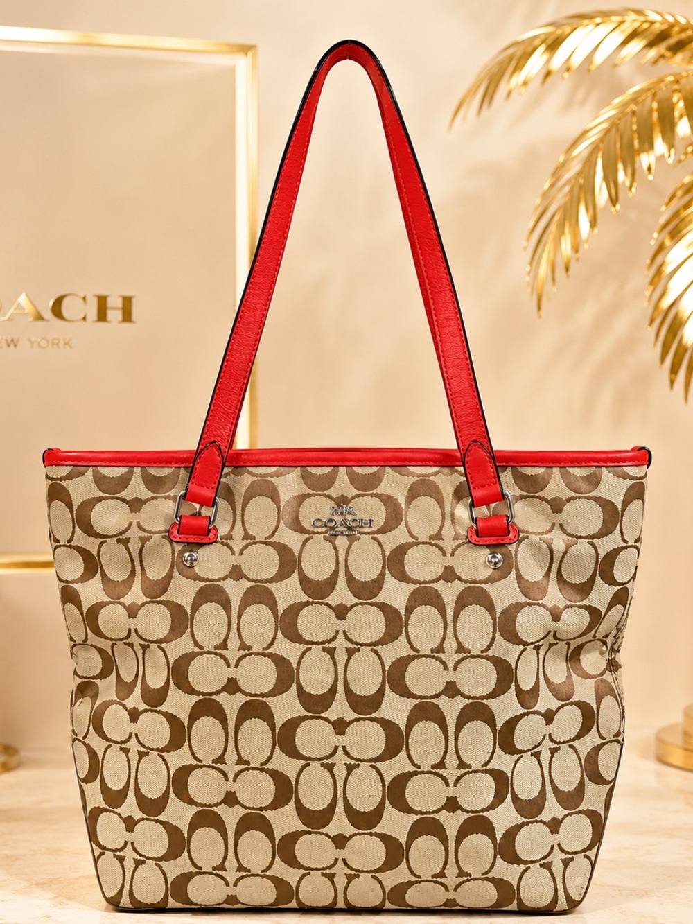 COACH Signature Jacquard Tote Bag Red Leather Trim - Picture 2 of 12